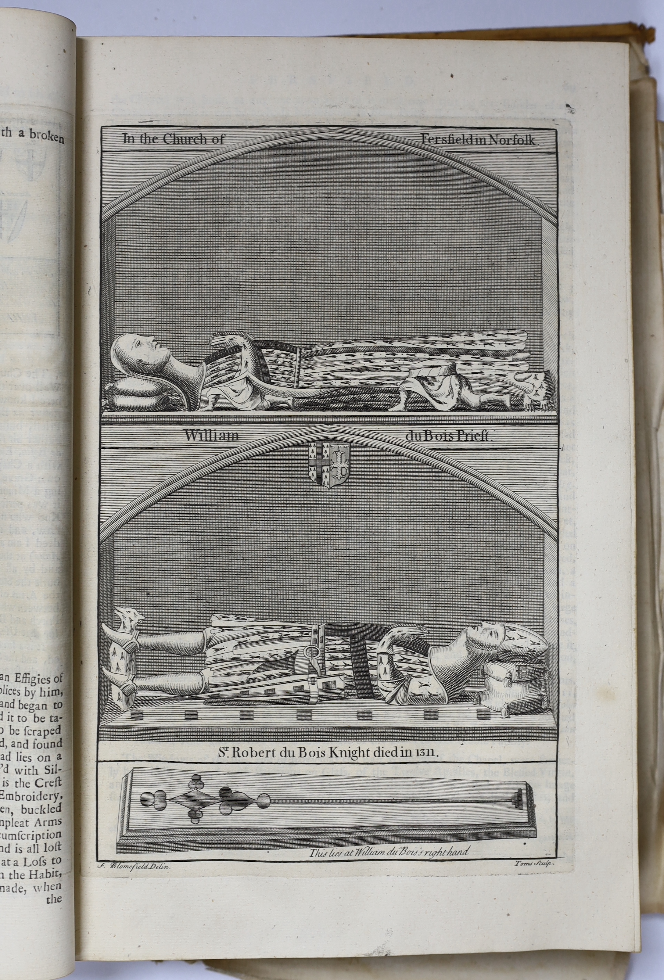 Blomefield, Rev. Francis - Essay towards a Topographical History of the County of Norfolk. First Edition, 5 vols. engraved plates and maps (but some lacking); old calf (distressed), folio. Fersfield, Norwich and Lynn, 17